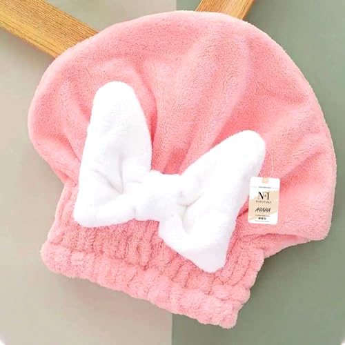 Image of NFI essentials Microfiber Hair Towel Cap Warp Super Absorbent Wet Hair Drying Head Turban, Pookie Bow Knot for Girls Salon Quick Dry Shower with Button for Women
