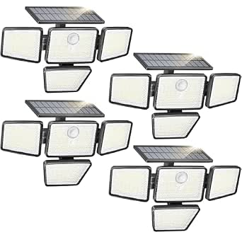 Philips Solar Security Light Outdoor, 196 LED Wall-Mounted Flood Light w/PIR Motion Sensor, 3 Modes, 4 Adjustable Heads Solar-Powered Floodlights with Remote Control, IP65 Waterproof 4PK