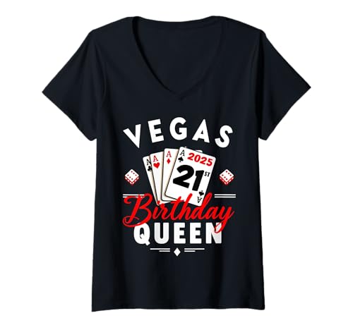 Womens Las Vegas Girls Trip 2025 Vegas Queen 21st Birthday Squad V-Neck T-Shirt
