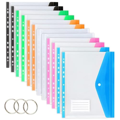 TOOELMON Dokumententasche A4, 12 Stück Transparent Dokumentenmappe A4 zum Abheften, Erweiterbare Wasserdicht Dokumenten Mappen Abheftbar mit Druckknopf, 6 Farben