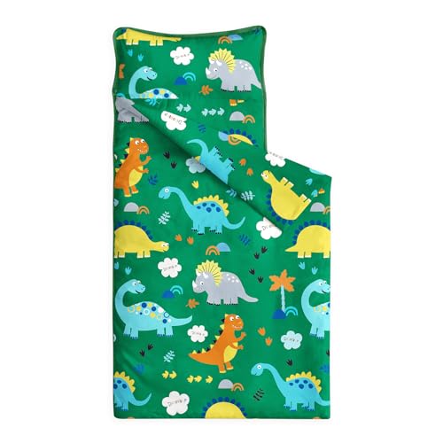 Image of Wake In Cloud - Toddler Nap Mat with Pillow and Blanket, 100% Cotton Fabric, for Kids Boys Ages 3 Plus in Daycare Kindergarten Preschool, Roll Up Sleeping Bag, Cute Dinosaurs