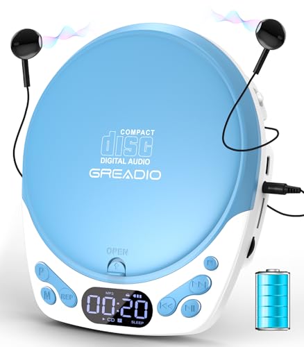 Image of Greadio Portable CD Player with Headphones, Rechargeable CD Player for Home | Small CD Players with 60s Anti-Skip, Supports CD /MP3 /WMA /TF Card /AUX, Lock / Programmable / Timer (White Blue
