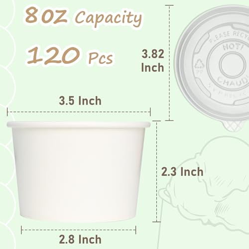 ESSENTIAL Paper Ice Cream Cups with Lids, 120pcs 8oz Disposable Dessert Bowls with Lids for Hot or Cold Food, Paper Snack Containers for Sundae, Frozen Yogurt, Soup (White) by Essential - Image 2