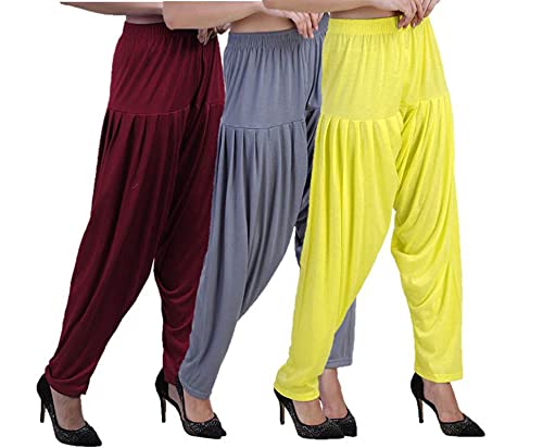 Image of Casuals Women's Regular Fit Viscose Drawstring Patiala Harem Pants Combo Pack 3 (Maroon :: SteelGrey :: Lemon Yellow,4XL)
