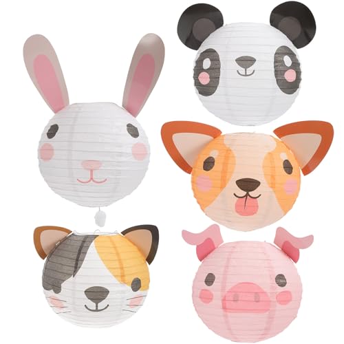 Gadpiparty 5 Paper Lanterns - Jungle & Farm Theme Party Decorations with Panda, Pig, Rabbit, Foldable Hanging Decor for Birthday, Nursery, Classroom