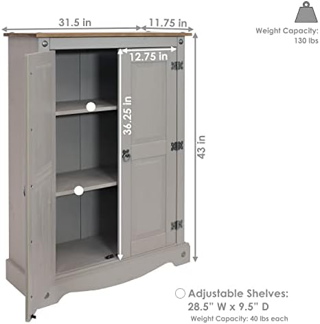Sunnydaze 43-Inch H 2-Door, 2-Shelf Solid Pine Kitchen Pantry Cabinet - Zinc Alloy Hinges and Door Pulls - Gray