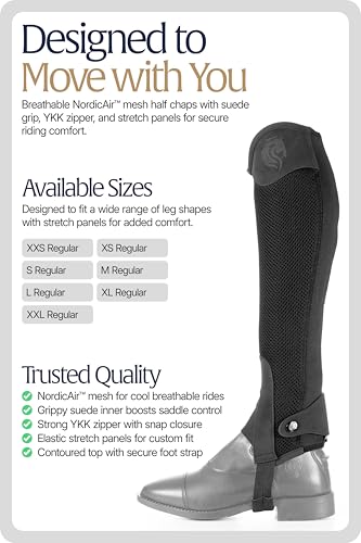 Equinavia Freya Womens NordicAir™ Tech Equestrian Half Chaps for Horseback Riding | Breathable Mesh - Black - M Regular