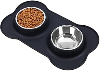 VIVAGLORY Puppy Dog Bowl Stainless Steel Water and Food Bowls with Non-Spill Skid Resistant Silicone Mat, 200ml Each, Grey