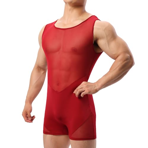 Men Mesh Bodysuits Boxers Patchwork Wrestling Singlet Shapewear Slip Sheer Slim Fits Active Jumpsuits Leotrad3