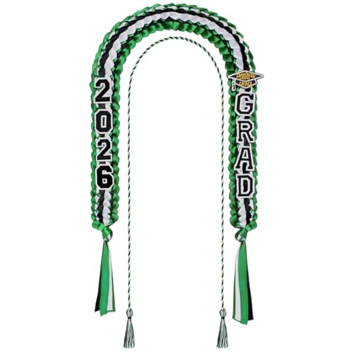 Yigney Graduation Lei Set Class of 2026 Grad Ribbon Leis with Honor Cord Double Braided Graduate Leis for Men Women Green Black White