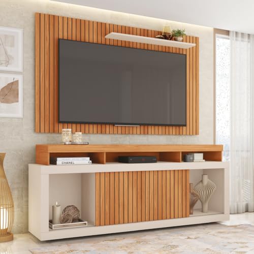 Rack Bancada com Painel Ripado para TV até 65 Polegadas 1,80m Panamá Buriti/Off White Caemmun