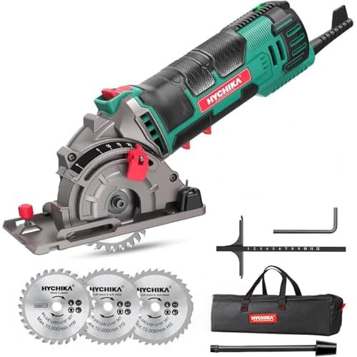 HYCHIKA Mini Circular Saw, Compact with 3 Blades 4A Pure Copper Motor, Scale Ruler, 3-3/8”4500RPM Ideal for Wood, Soft Metal and Plastic Cuts Green
