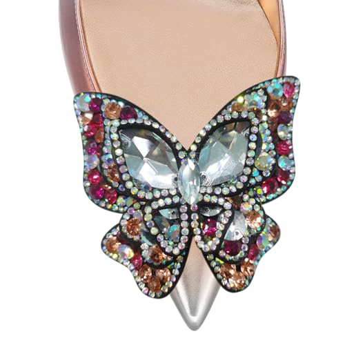 YDN Women Bow Pump Butterfly Slip on Rhinestone Chunky High Heels Pointed Toe Studded Shoe Fashion Party Dance Size 4-16 US4