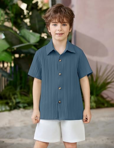 Image of Arshiner Boys Casual Short Sleeve Button Down Shirt Fashion Textured Summer Beach Shirt 3-13 Years Old