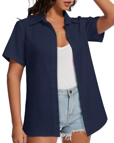 Image of Women Hawaiian Shirt Button Down Summer Tops Beach Short Sleeve Blouse