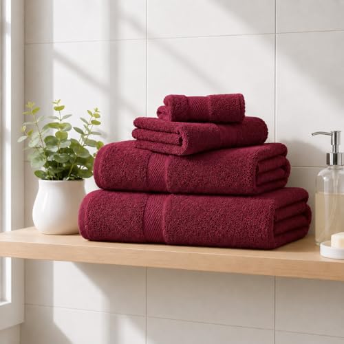 Image of Sulfar 100% Combed Cotton, Quick Drying Highly Absorbent, Luxury Hand Towel Set (Pack of 4, 40 X 70 cm) Red Wine