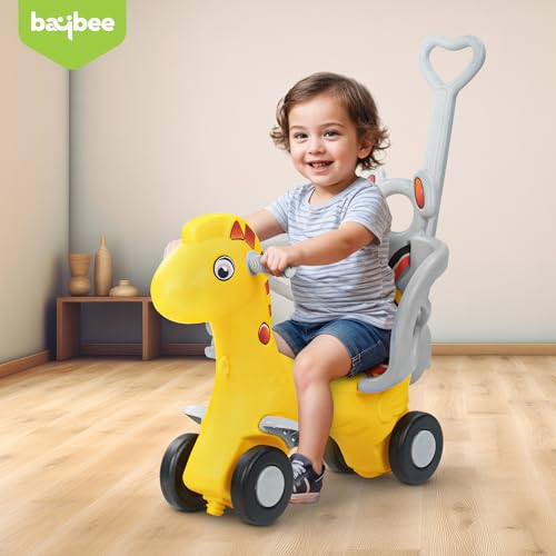 Image of 3 in 1 Baby Rocking Horse Ride On Car for Kids | Baby Rocking Chair with Parental Handle, Balance Board, Safety Guardrail & Belt | Push Ride On Toy Car for Kids 1-3 Years (Yellow)