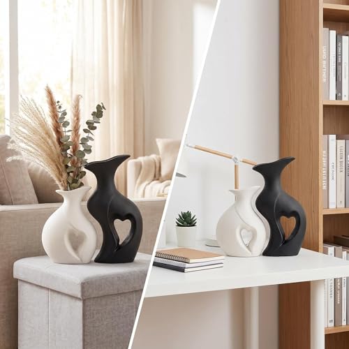 White Flower Vases Set of 2 Modern Boho Ins Style Decorative Flower Vase for Home Decor Living Room Coffee Table Fireplace Bookshelf Shelf Office (Black and White) — view 3