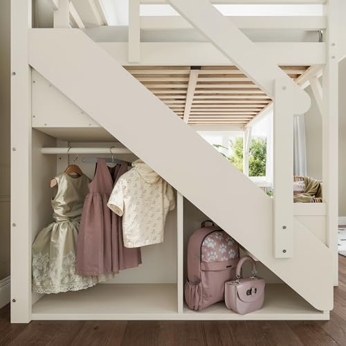 Image of KEIKI Solid Wood Full Size Loft Bed Frame with Stairs, Built-in Wardrobe and Storage Space, Full Loft Bed with Shelves, Full-Length Guardrails, No Box Spring Needed for Bedroom, Beige