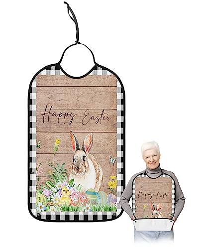 Spring Easter Adult Bibs for Eating, Waterproof Bibs with Food Catcher & Adjustable Snap Closure, Black White Plaid Bunny Colorful Eggs Wood Clothing Protectors Adult Bibs for Elderly Women/Men
