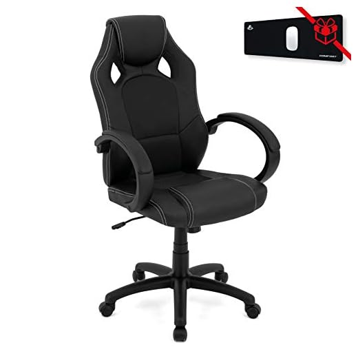 COMIFORT Gaming Stol med hög rygg - Gaming Stol Billig klädd i syntetiskt läder. Flockade och stoppade armstöd. Svängbar med Butterfly-mekanism, tysta hjul, Spelstolar - Silverstone Svart Färg