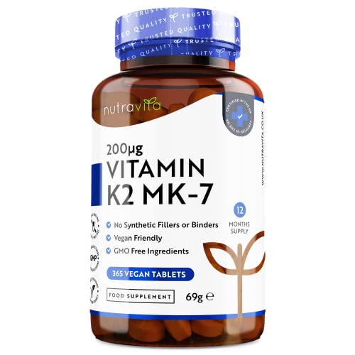 Vitamine K2 MK-7 200mcg - 365 micro-comprimés végétaliens (pas de gélules) - Contribue au maintien d'une ossature normale - Ménaquinone MK7 très puissante - Nutravita Cover