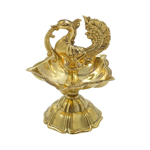 Image of CraftVatika Pure Brass Diya, Peacock Design Brass Diya Set of 2, Kuthu Vilakku for Home Diwali Decor Items, Oil Wick Lamp Deepak Deepam Diwali Decoration Items (7 CM Height)