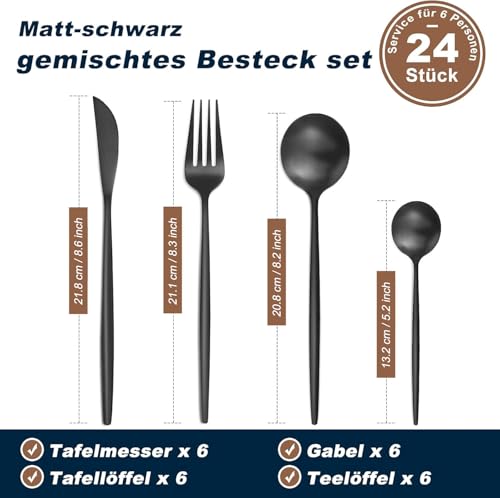 Bestdin set posate 6 persone, 24 pezzi set di posate, posate acciaio inox con coltelli, forchette, cucchiai, lavabili in lavastoviglie, colore nero opaco - immagine 3