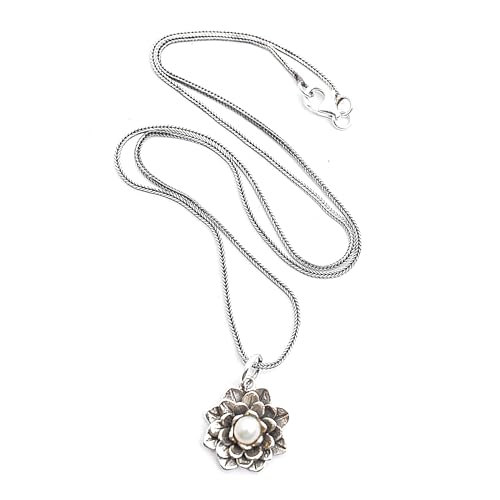 NOVICA Artisan Handmade Cultured Freshwater Pearl Pendant Necklace | .925 Sterling Silver | Floral White Birthstone | 'Sacred White Lotus' | Indonesia