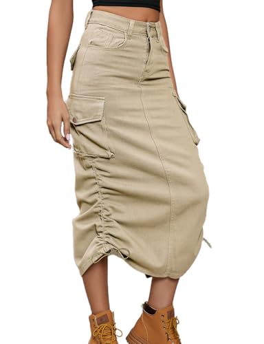 Denim Cargo Skirts for Women Trendy Casual High Waisted Drawstring Slit Jean Midi Skirt