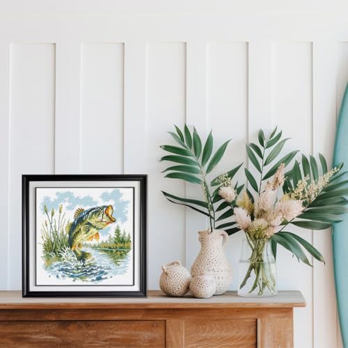 Image of FREEBLOSS 11CT Cross Stitch Kit Stamped Cross Stitch Craft Kit with Stitching Guide for Beginners Fishing Lake Scene Embroidery Set Crossstitch Wall Hanging Set 17x17inch