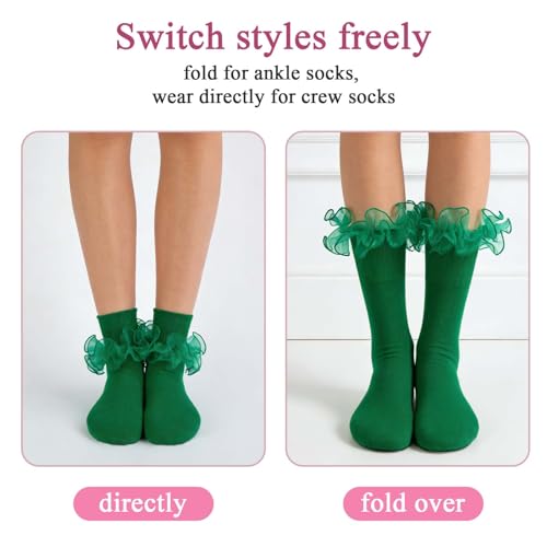 Image of Women Big Ruffle Ankle Socks Adult Double Lace Frilly Turn Cuff Dress Socks Cotton Cute Fancy Bobby Crew Socks