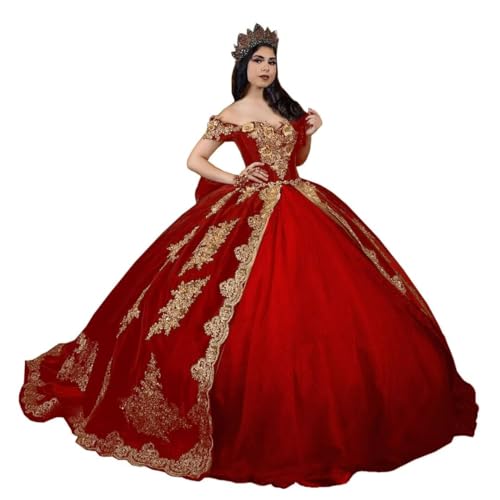 Mouccy Vintage Gold Appliques Quinceanera Dresses Velvet Beaded Sweet 16 Dresses with Train Off Shoulder 3D Floral 15 Dress