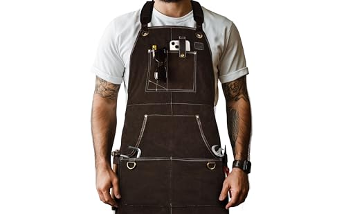 LEATHER VILLAGE Work Apron -Brown- Heavy Duty Wood Working Apron for Men with Tool Pockets for Woodworkers Blacksmiths Carpenters M-XXL