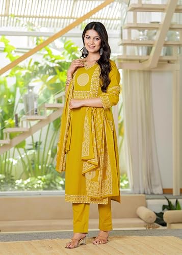 Image of Pistaa's Women's Ethnic Motifs Printed Regular Pure Cotton Kurta with Trousers With Dupatta Set