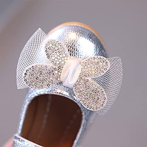 JUNLAI Verão e outono moda meninas sapatos casuais cor sólida laço malha strass plano (prata, 5-5,5