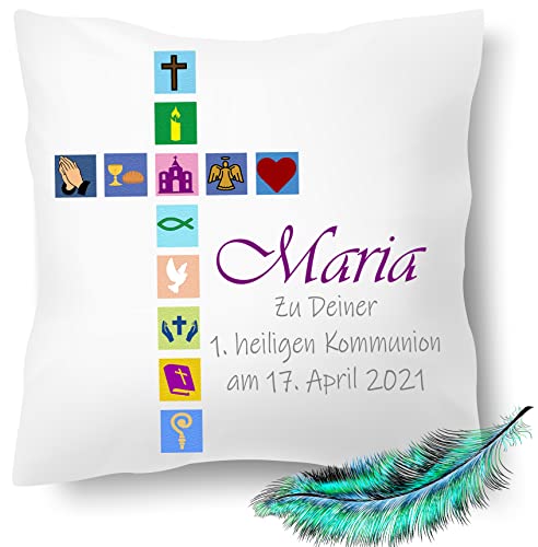 Print Deluxe Kommunion Geschenk, bedrucktes Kissen personalisiert mit Namen und Datum | Kirchliche Symbole |Geschenk Idee,Dekokissen | Kuschelkissen 40X40 Bedruckt | Kissenbezug (ohne Kissenfüllung) Cover