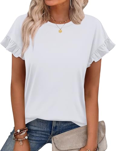 OFEEFAN Womens Tops Ruffle Sleeve Black Tops for Women Casual Blouses Summer Outfits Spring Shirts Tunic White L