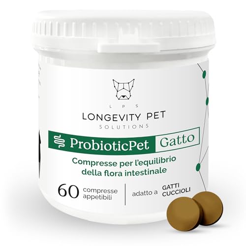 Fermenti Lattici ProbioticPet Gatto 60 CPR | Probiotici per l'Equilibrio Intestinale | Integratori per Gatti per Digestione, Feci Poco Formate, Salute Intestinale | Longevity Pet