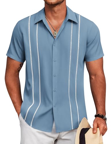 Image of COOFANDY Mens Cuban Guayabera Shirt Short Sleeve Button Down Shirts Summer Beach Vacation Shirts
