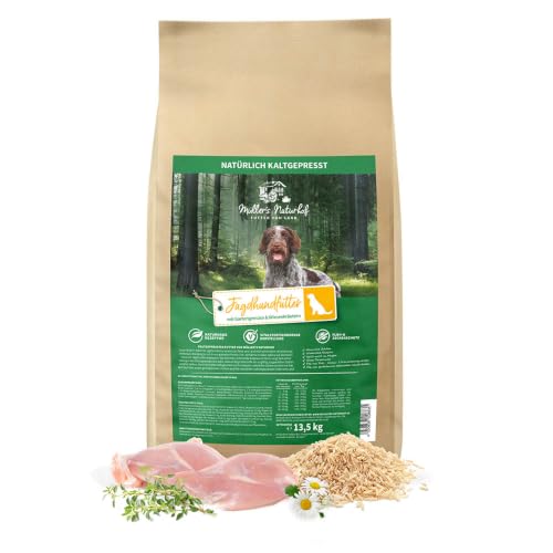 Müller`s Naturhof Jagdhundfutter, 13,5 kg, Gartengemüse & Wiesenkräuter, Natürlich kaltgepresst, getreidefreie Rezeptur, Trockenfutter für alle Hunderassen, Traditionell hergestellt