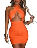 Women's Sexy Ruched Bodycon Halter Criss Cross Cut Out Backless Mini Club Party Dresses, Small, Orange