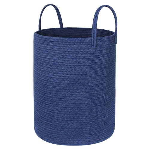 MEGASKET Blue Woven Laundry Basket, 15"x18" Large Cotton Rope Storage Basket for Blankets, Toys, Decorative Baby Nursery Clothes Hamper for Living Room Bedroom, Kids Laundry Hamper, Navy Blue Decor