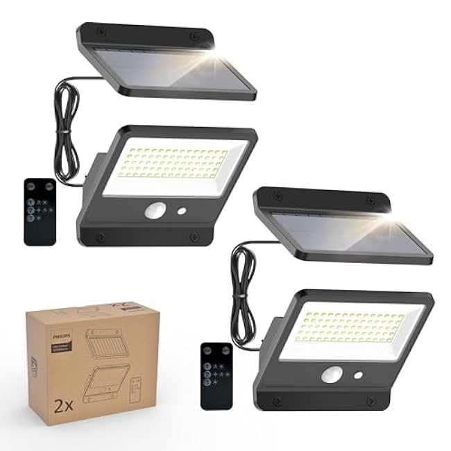 Philips Solar Security Light Outdoor LED 6500K, Solar-Powered Flood Light w/PIR Motion Sensor, Remote Control w/16ft Cable, IP65 Waterproof, 3 Modes (2)