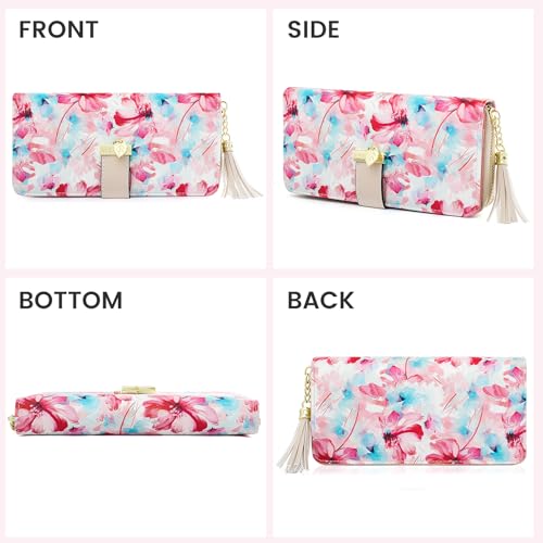 Image of Pomelo Best Womens Wallet RFID Blocking Wallet for Women Bifold Large Capacity Card Holder Ladies Long Purse with ID Window Zipper Coin Pocket Red Lotus