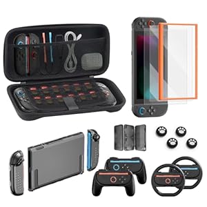 Switch 2 Accessories Bundle for Nintendo, 16 in 1 Game Kit: Carrying Case, Two Screen Protector with Alignment Frame, Steering Wheel for Mario Kart, Grip for joycon Controller Console Protective Cover