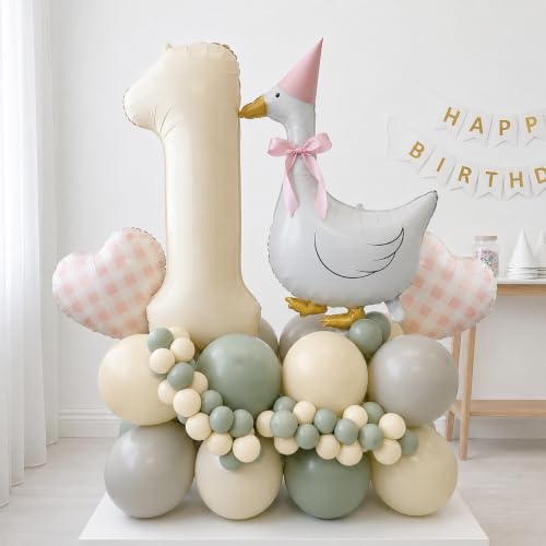 One Silly Goose Balloon Tower for Baby Girl First Birthday Decorations Silly Goose Party Decorations with Goose Balloons Number 1 Balloon Farm Animal Goose Theme Gingham Party Supplies (76PCS)