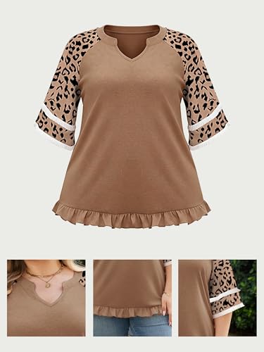 HDLTE Womens Plus Size V Neck T Shirts Summer Half Sleeve Casual Loose Tees Color Block Fashion Tunic Tops with Tassel Brown — view 6