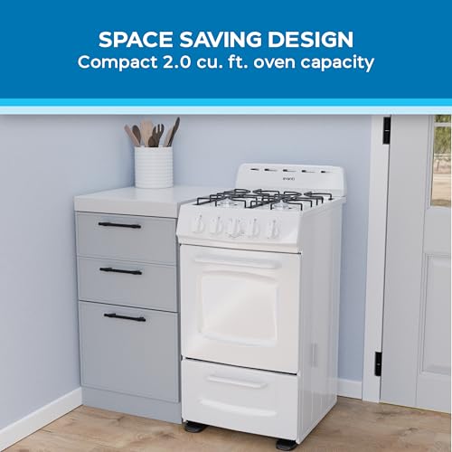 Avanti GRO20P0W Gas Range Oven Compact Freestanding Design, 4 Burners with Electronic Ignition, 2.1 Cu.Ft. Capacity Features Solid Door Storage Drawer Broiler and Accessories, 20-Inch, White