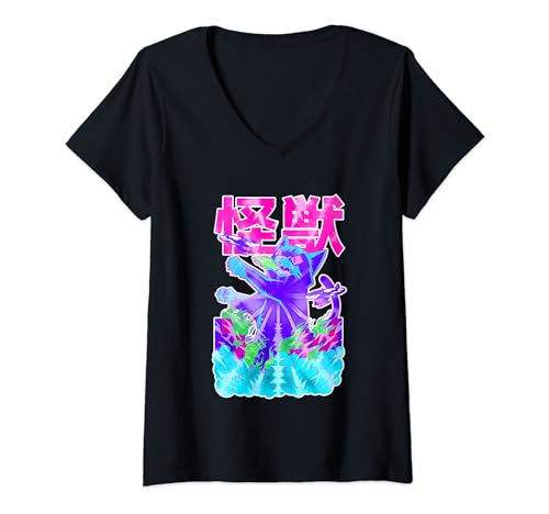 Arte cômica de anime Kaiju Cat, gráfico japonês de Zilla Big Cat t-shirt decote em V, Preto, S